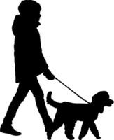 Silhouette on a white background of a people with a dog for a walk. vector