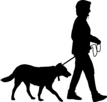 Silhouette on a white background of people with a dog for a walk. vector
