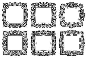 A set of six intricate ornamental frames, featuring detailed decorative flourish patterns in black and white. Abstract ornamental luxury square borders. vector