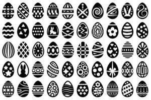 Set of Black and White patterned Easter Eggs. Decorative Easter eggs with geometric shapes, bunnies, hearts, stars, and floral design elements. vector