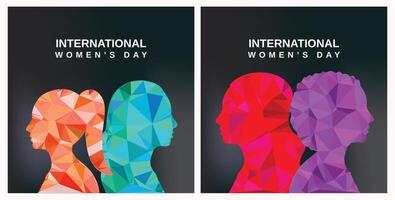 Flat design illustration set for Womens Day showcasing diverse female characters in geometric shapes, celebrating empowerment, inclusivity, and individuality in a modern and vibrant style. vector