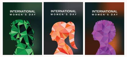 A collection of flat design illustrations for Womens Day featuring women of various backgrounds in geometric forms, celebrating empowerment, inclusivity, and the power of individuality. vector