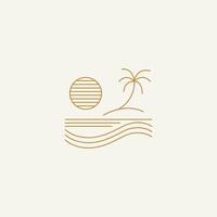 Minimal line art of a desert scene with a modern house, palm tree, sun, and hills in a square frame. Ideal for travel, boho, and nature-inspired designs. vector