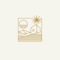 Minimal line art of a desert scene with a modern house, palm tree, sun, and hills in a square frame. Ideal for travel, boho, designs. vector