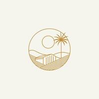 Modern line art illustration of a desert landscape with a house, palm tree, and sun in a circular frame. Clean, minimal style ideal for travel and nature themes. vector