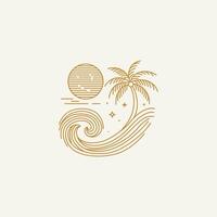 Minimalist beach scene with palm tree, ocean waves, and sunset in elegant line art style. Perfect for summer, travel, and tropical-themed designs. vector