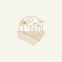 Simple line art of a small house in a tropical field with palm tree and sun. Minimalist desert scene in modern monoline style, ideal for logos and travel themes. vector