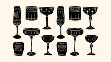 Set alcoholic cocktails in glasses in cartoon retro style of different shapes. Classic summer drinks, aperitif. Hippie groovy drinks hand drawn 4 vector