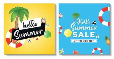 Hello summer poster banner template set with tropical fruits in different color. vector