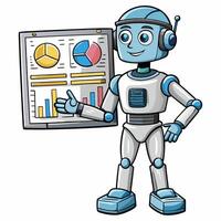 a cartoon robot holding a board with graphs and charts vector
