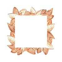 Almond nuts kernels watercolor border. Hand drawn square frame from natural organic food. Snack isolated illustration with copy space. Spice for cooking. Hand drawn template of nuts in sketch style. png