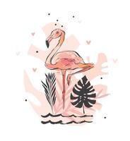 Flamingo illustration with palm leaves and hearts vector
