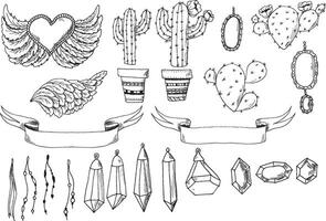 A drawing of various items including a cactus, a heart, a ribbon and a cactus vector