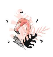 A pink flamingo with leaves and palm trees vector