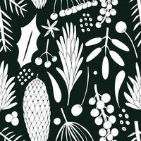 A black and white pattern with pine trees and berries vector