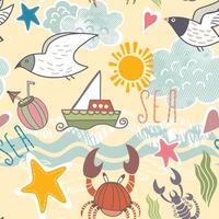 Seaside seamless pattern with sea creatures and birds vector