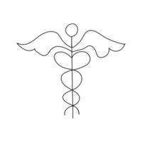 Caduceus with medical icon continuous one line drawing of isolated vector