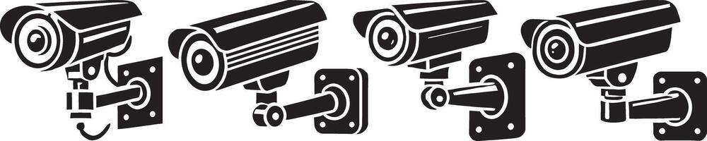 Set of Surveillance Camera Illustrations Depicting Wall-Mounted Security Systems in Various Angles and Styles vector