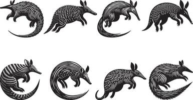 Set of Stylized Black and White Anteater Illustrations Showcasing Unique Textured Patterns and Iconic Poses vector