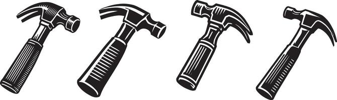 Detailed Black and White Line Art Illustrations of Classic Claw Hammers in Various Angles Showcasing Handle, Head, and Claw vector