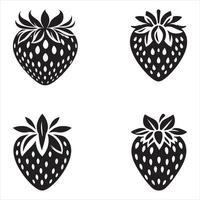 Set of Four Distinct Black and White Strawberry Illustrations Displaying Unique Leaf Designs and Seed Patterns vector