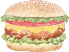 Hamburger with salad vegetable and sliced tomato and fried pork that is drawn and painted by hand in watercolor fine art style png