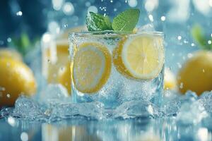 Refreshing lemonade with ice and mint splashes in a summer setting. photo