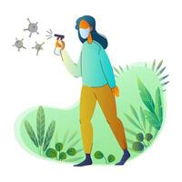 Flat illustration of a woman in face mask spraying antiseptic at germs. Full body view with decorative plants in the background. Concept of hygiene and health protection. vector
