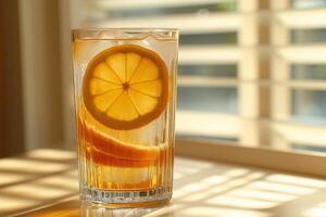 Refreshing lemonade served with ice, adorned with a slice of lemon, captured during golden hour. photo