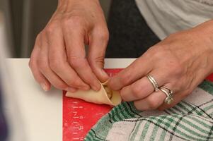 Mastering the art of hand-rolling dumplings in a cozy kitchen with warmth and culinary passion photo