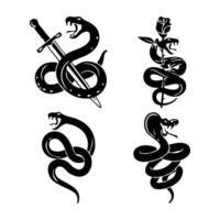 Black snake tattoo designs with dagger and rose elements. vector