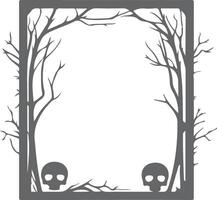 Spooky halloween frame with bare trees and skulls. vector