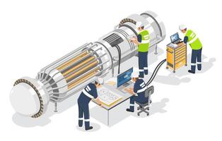 research and development engineers working on advanced diagnostics of compact micro small nuclear reactor using digital tools and blueprints in a high tech laboratory environment isometric vector