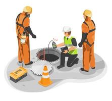 Technician using gas detector to check toxic levels before confined space entry during industrial maintenance operation isometric isolated cartoon vector