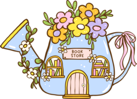 Cute Spring Bookish book store Watering Can Shape Cartoon Hand Drawn png