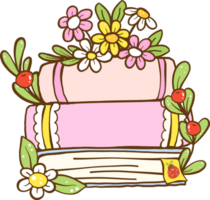 Cute Spring Book Stack with flower Cartoon Hand Drawn png