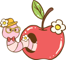 Cute Nerd Worm in Apple Cartoon Hand Drawn png