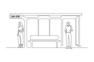 People waiting their bus at bus stop continuous single-line art drawing. Bus stop continuous outline . vector