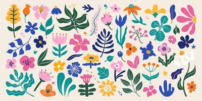 Set of abstract botanical organic elements in doodle style. Funky colorful flat flowers and leaves for patterns, posters, cards, fabric and digital design projects. vector