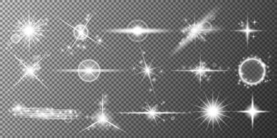 Lens flare and light glow effects set. Perfect for photo overlays, digital art, game design, banners, social media, festive decorations, magic effects, and sci-fi elements. vector
