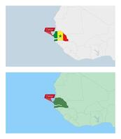 Senegal map with pin of country capital. Two types of Senegal map with neighboring countries. vector
