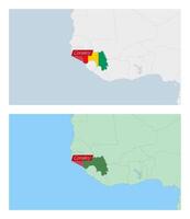 Guinea map with pin of country capital. Two types of Guinea map with neighboring countries. vector