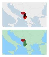 Albania map with pin of country capital. Two types of Albania map with neighboring countries. vector