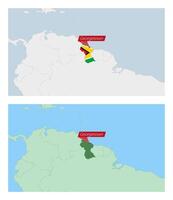 Guyana map with pin of country capital. Two types of Guyana map with neighboring countries. vector