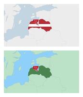 Latvia map with pin of country capital. Two types of Latvia map with neighboring countries. vector