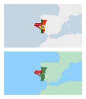 Portugal map with pin of country capital. Two types of Portugal map with neighboring countries. vector
