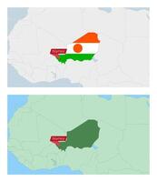 Niger map with pin of country capital. Two types of Niger map with neighboring countries. vector