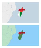 Madagascar map with pin of country capital. Two types of Madagascar map with neighboring countries. vector