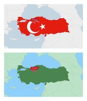 Turkey map with pin of country capital. Two types of Turkey map with neighboring countries. vector