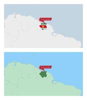 Suriname map with pin of country capital. Two types of Suriname map with neighboring countries. vector